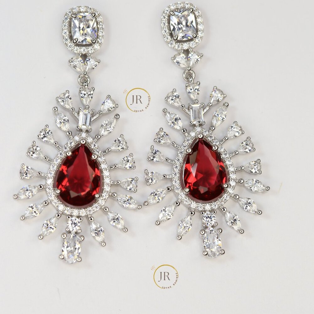 Imperial Blossom .925 Silver Earrings · Ruby CZ · Elegant Floral Design. - Picture 3 of 7